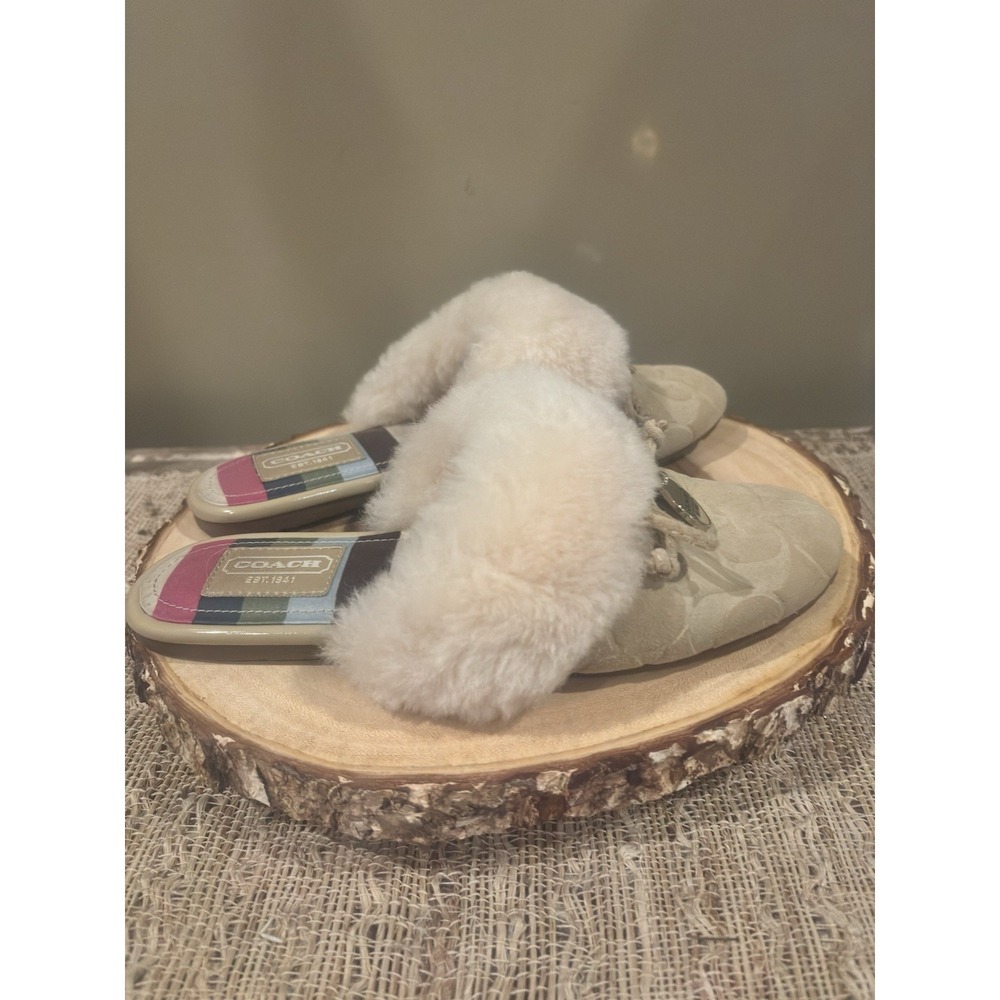 COACH CARRA BEIGE SUEDE FUR LINED SLIPPERS Size 5 1/2R